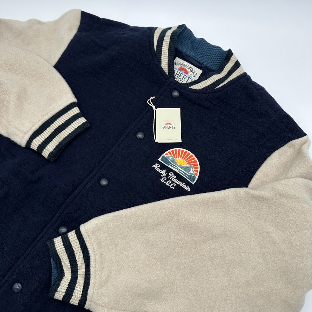 Faherty‎ Men's Wool-Blend Embroidered Throwback Varsity Jacket, Size XL, Navy